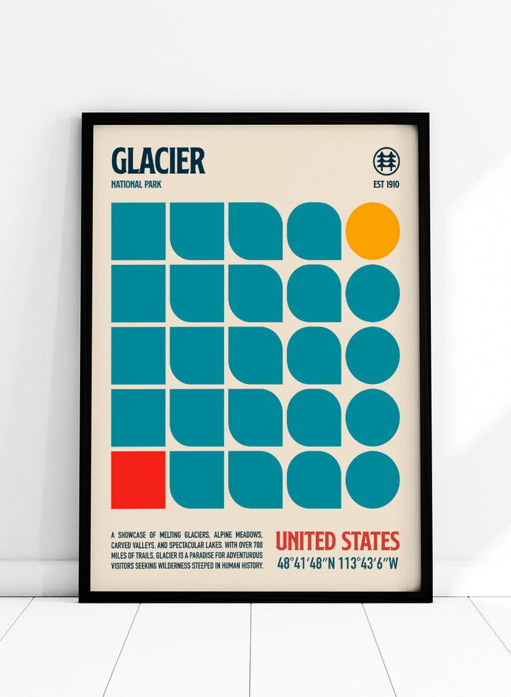 A retro-style poster for Glacier National Park featuring a cream background, teal geometric shapes, a yellow-orange circle, and red text. The top reads &