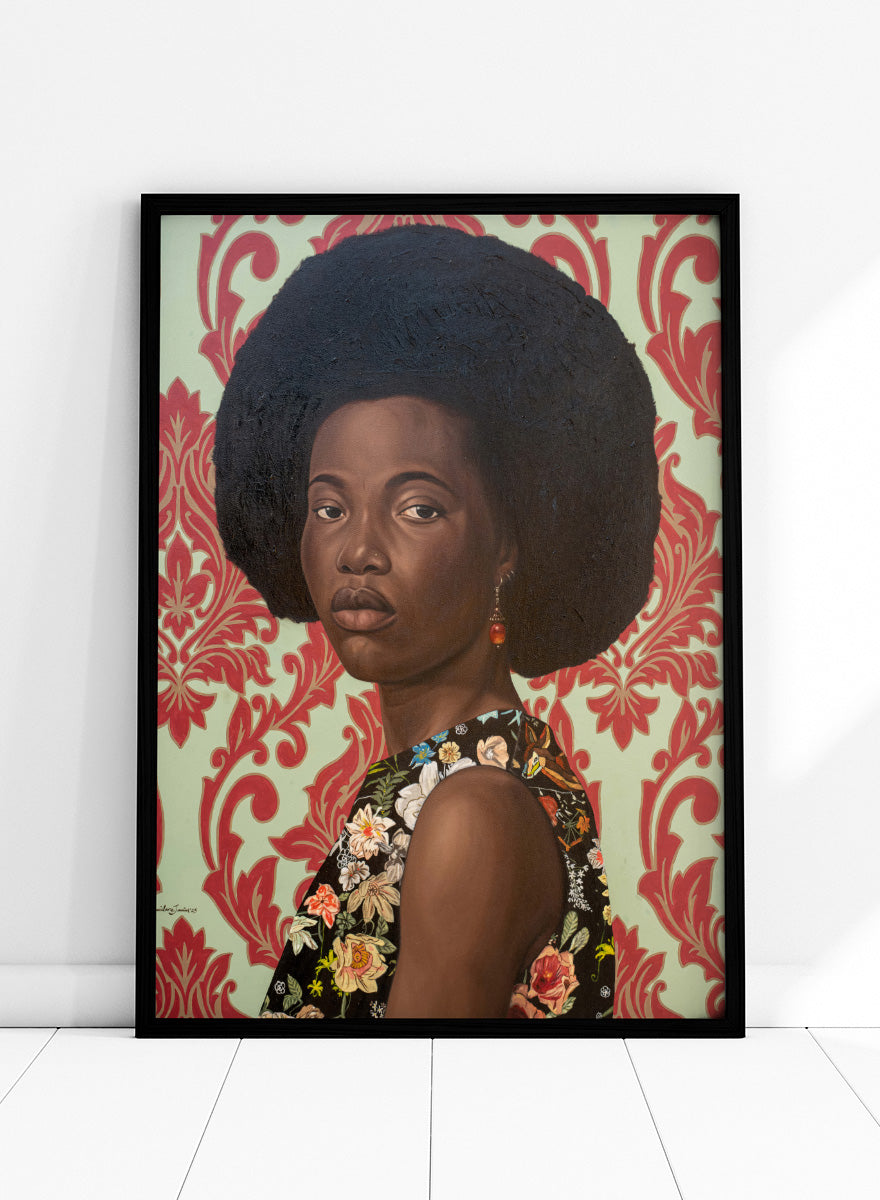 A portrait painting of a woman with a large dark afro hairstyle, wearing a floral-patterned sleeveless top, set against a red and cream damask wallpaper background. Shop Elegant Afro Floral Portrait by Damilare Jamiu, a contemporary portrait art print featuring a woman with afro hair, floral fashion, and rich green and coral tones.