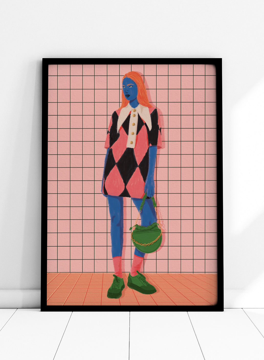 A stylized fashion illustration of a person with blue skin and orange hair, wearing a pink and black harlequin dress with a white collar, blue leggings, green shoes, and carrying a green bag, set against a pink grid background. Vibrant Argyle Style by Lisa Solomoniuk premium framed fine art print featuring a bold fashion figure in bright pink, blue, green, and black.