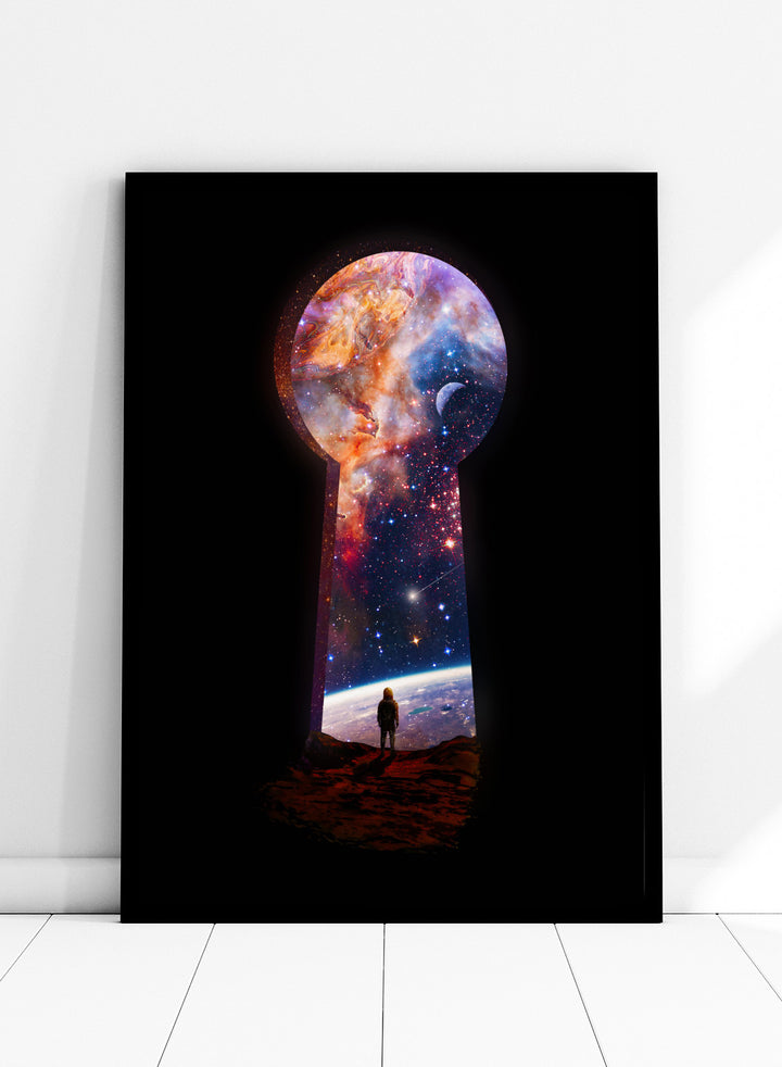 Keyhole-shaped portal to space with a silhouette of a person looking into it. The Cosmic Keyhole by Nicebleed is a surreal space art print featuring an astronaut looking through a cosmic keyhole, modern aesthetic wall poster.