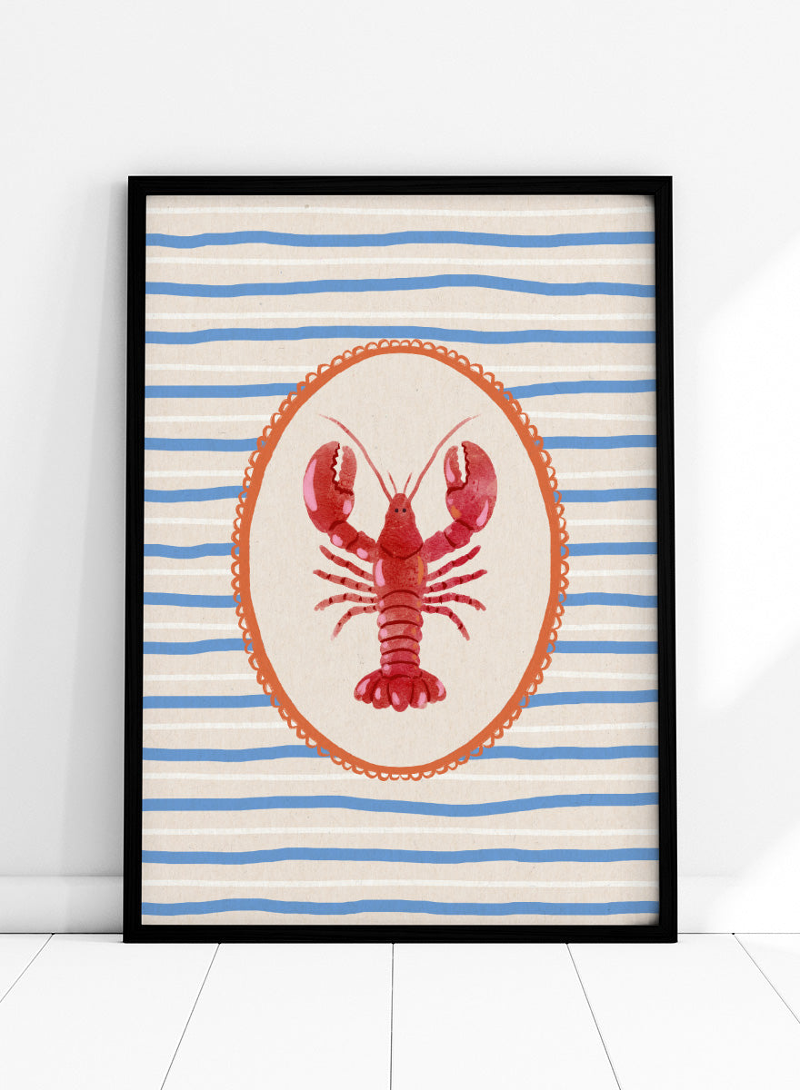 Red Lobster Stripes by Katarzyna Gąsiorowska coastal kitchen art print featuring a red lobster, blue stripes, and vintage Mediterranean-inspired details.