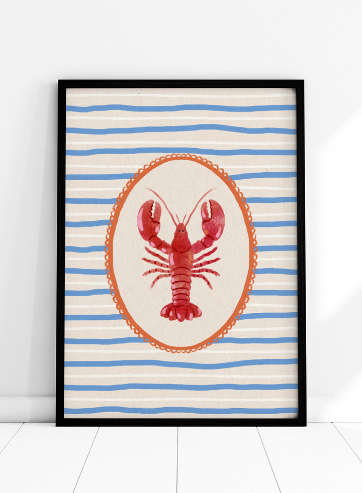 Red Lobster Stripes by Katarzyna Gąsiorowska coastal kitchen art print featuring a red lobster, blue stripes, and vintage Mediterranean-inspired details.