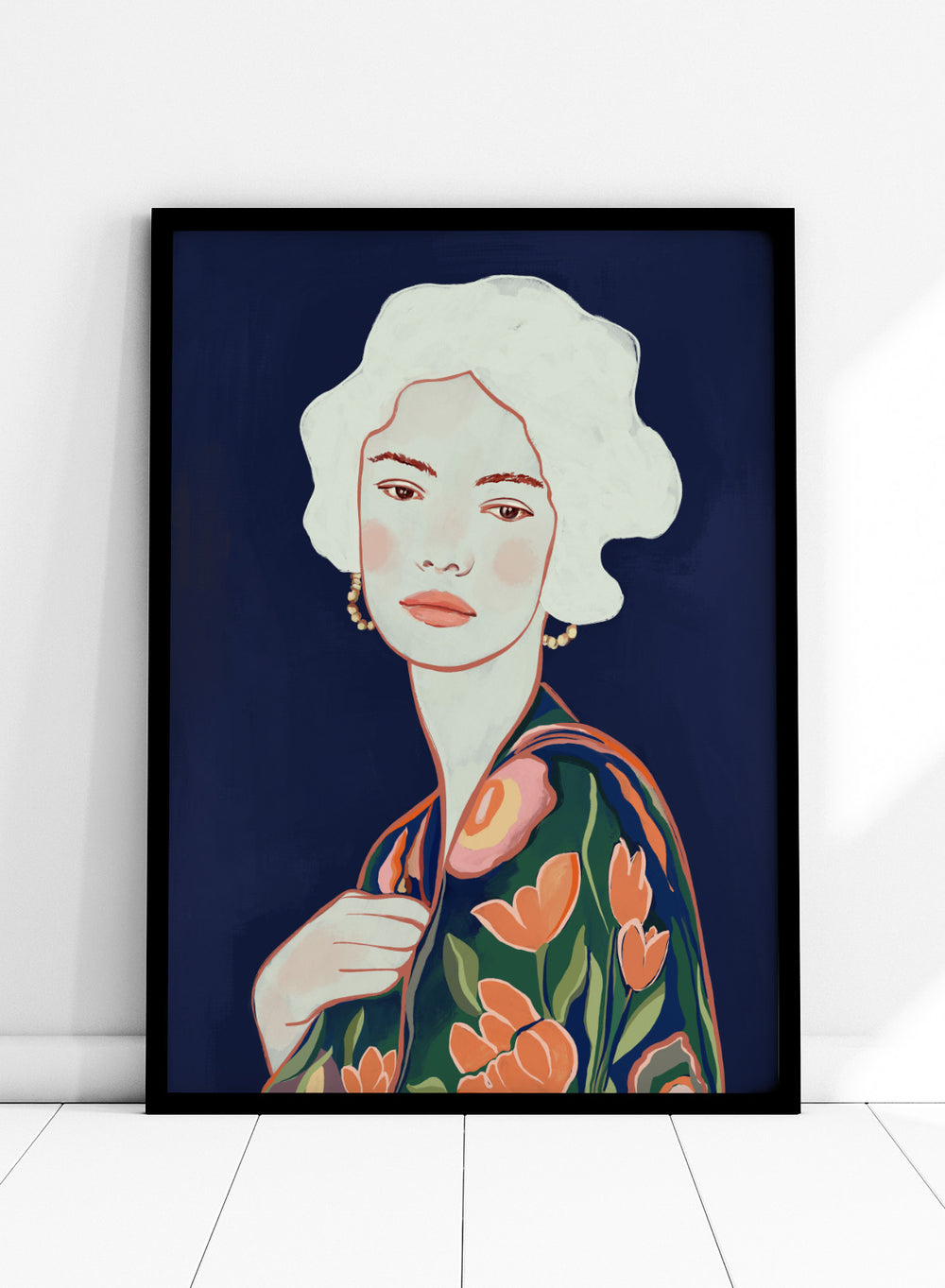 Artistic illustration of a woman wearing a floral dress against a dark background. Elegant Floral Woman by Cats and Dotz is a modern floral portrait art print featuring a woman illustration with bold colors and contemporary aesthetic style.