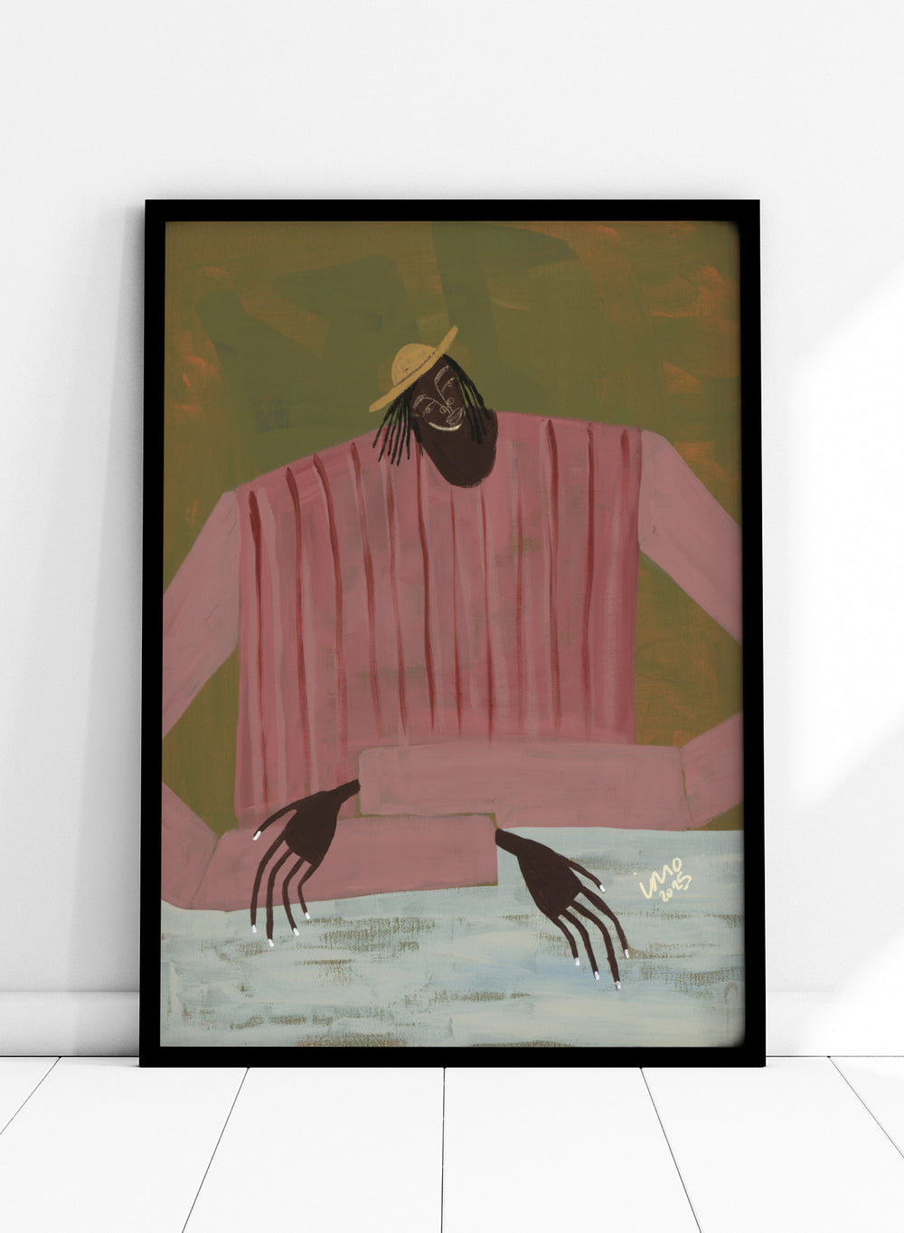Artistic depiction of a person wearing a pink shirt and straw hat on a textured background. For Now I Don’t Know by Studio IMO (Ibi Meier-Oruitemeka) is a modern figurative art print with a seated figure and contemporary portrait wall poster design.