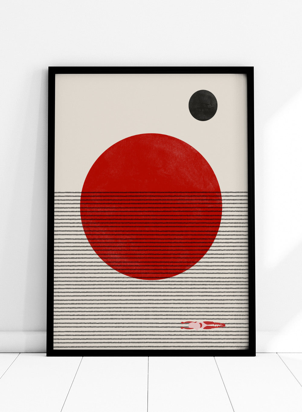 Minimalist abstract wall art print by The MIUUS Studio featuring bold red sun, line texture, and modern geometric design in calm neutral tones.