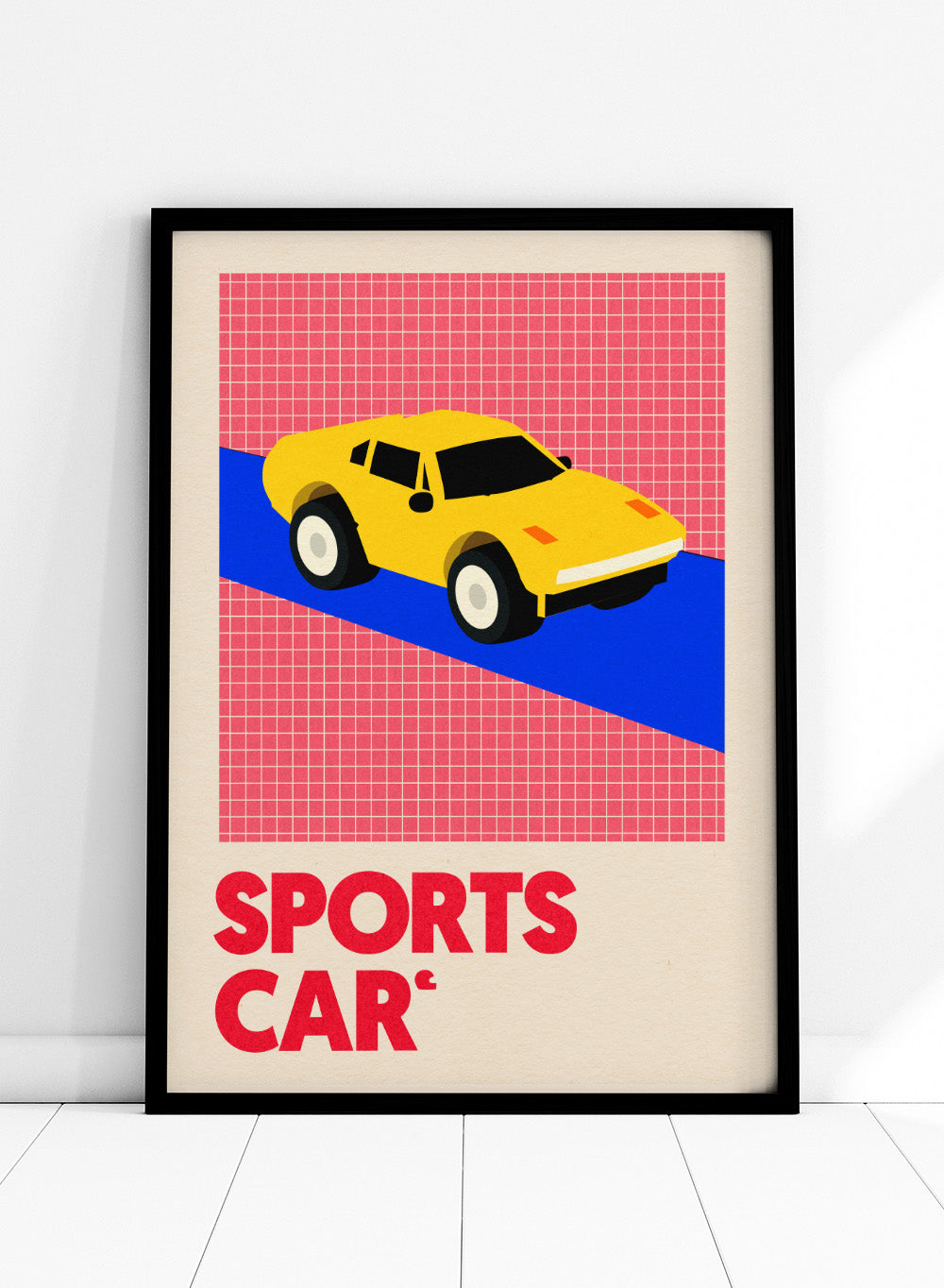 Yellow sports car on a red and blue geometric background with 'SPORTS CAR' text. Sports Car by Rosi Feist is a bold minimalist car art print featuring a bright yellow sports car and graphic typography. Officially licensed Bauhaus-inspired fine art poster with framing.