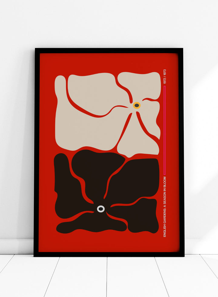 Abstract design with beige and black shapes on a red background. Two By Two Flower Red by Frances Collett is a modern abstract floral art print featuring two bold flowers in red, black, and cream tones. Officially licensed wall poster with optional framing.