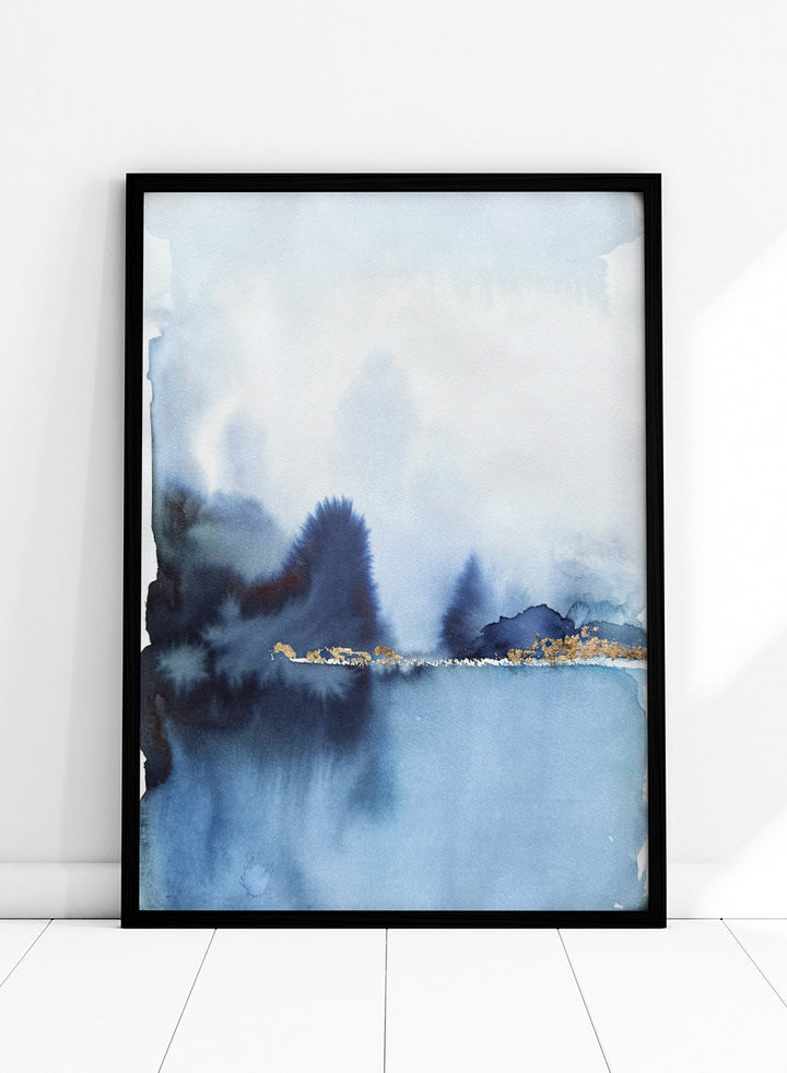 Shop Golden Horizon Blue Landscape by Helena Ryhle, a watercolor landscape wall art print poster with misty blue scenery and a striking gold horizon.