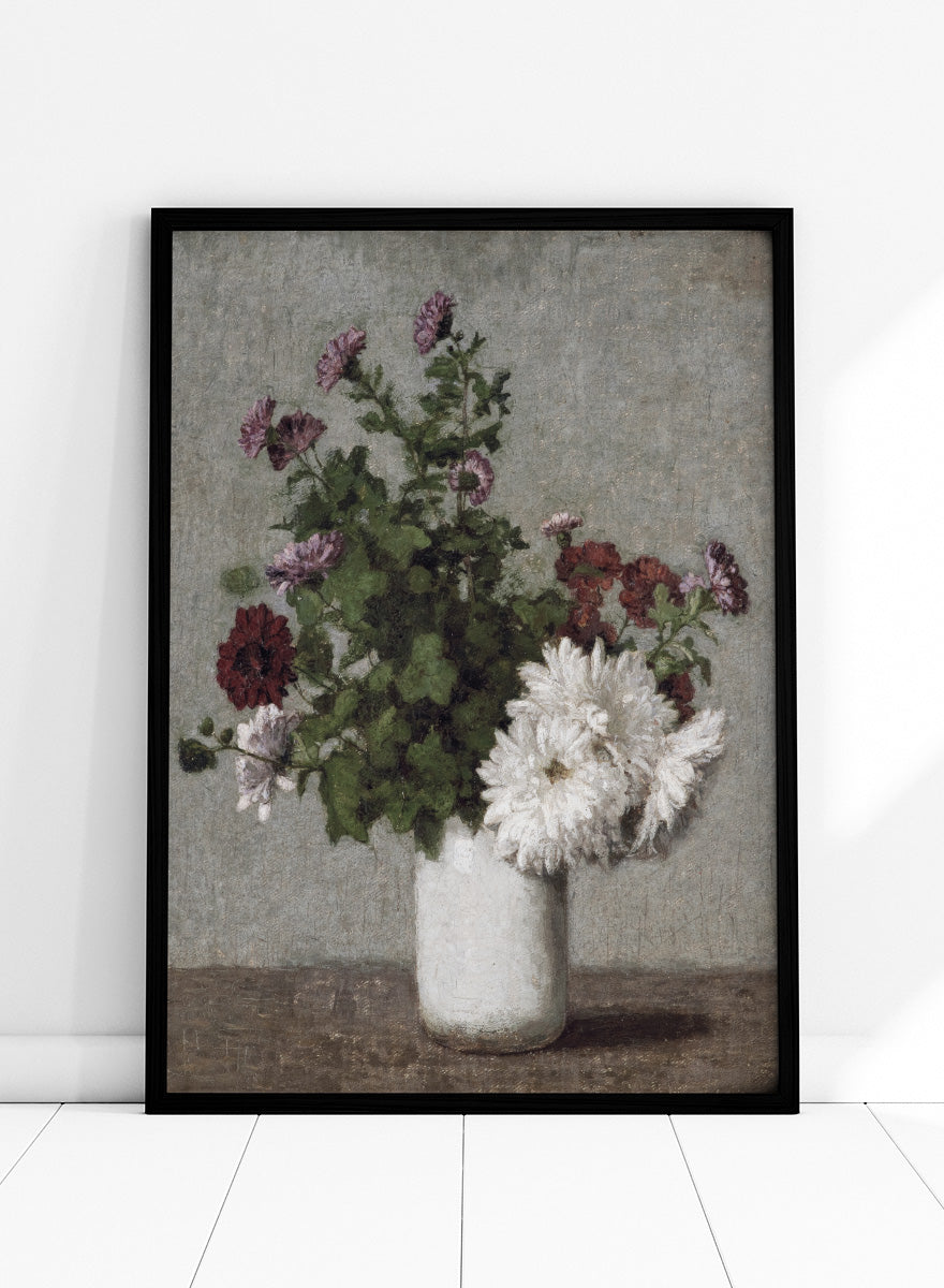 Shop Autumn Chrysanthemums in a White Vase by Henri Fantin-Latour, a vintage floral wall art print poster featuring chrysanthemums in muted green tones.