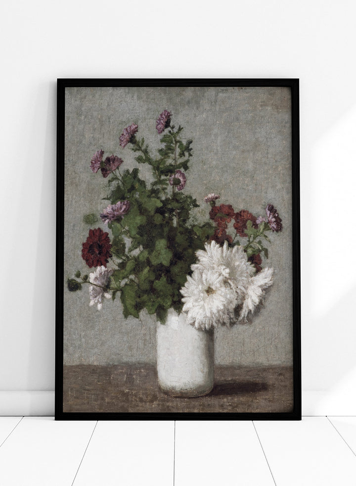Shop Autumn Chrysanthemums in a White Vase by Henri Fantin-Latour, a vintage floral wall art print poster featuring chrysanthemums in muted green tones.