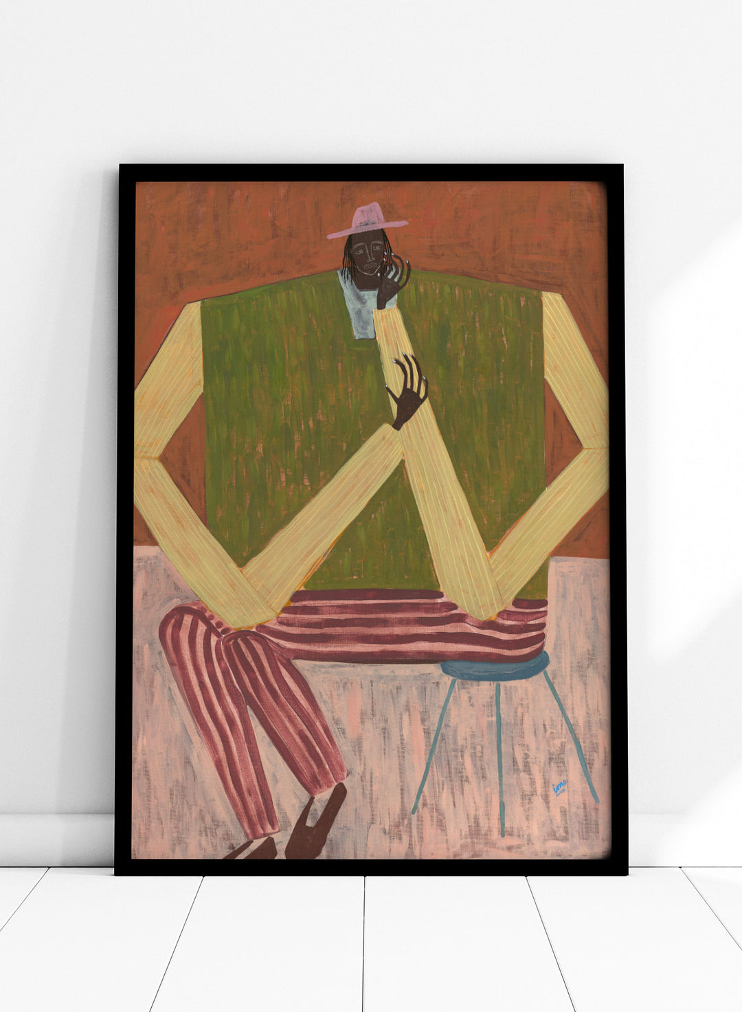 Surrealistic painting of a person sitting on a chair with geometric shapes and abstract design. Take a Moment by Studio IMO (Ibi Meier-Oruitemeka) is a modern figurative art print featuring a seated figure in a calm, reflective pose, designed as a contemporary wall art poster.