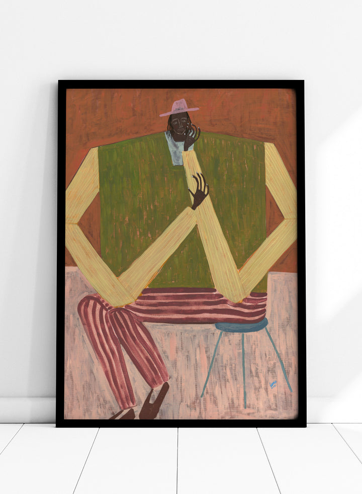 Surrealistic painting of a person sitting on a chair with geometric shapes and abstract design. Take a Moment by Studio IMO (Ibi Meier-Oruitemeka) is a modern figurative art print featuring a seated figure in a calm, reflective pose, designed as a contemporary wall art poster.