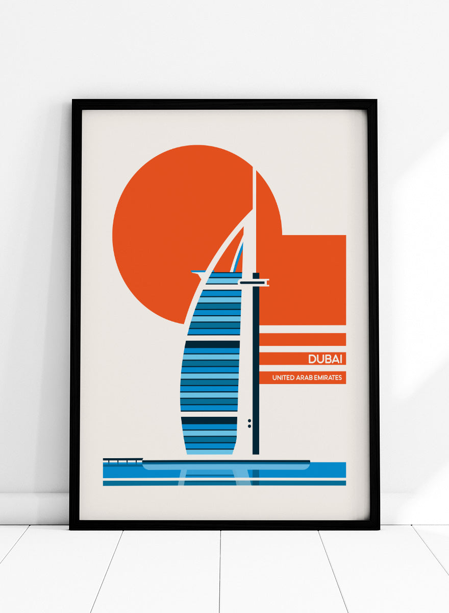 A minimalist travel poster of the Burj Al Arab in Dubai, United Arab Emirates, featuring a stylized blue and white striped hotel silhouette, a large orange sun, and a cream background with the text 'DUBAI' and 'UNITED ARAB EMIRATES'. Dubai Sail Building Sunset by Retrodrome travel art print featuring the Burj Al Arab, bold sunset orange, blue water, and retro Dubai poster design.