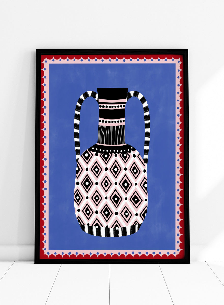 Shop Patterned Tribal Vase by Elena Ristova, a colorful wall art print poster featuring bold diamonds, stripes, pink, blue, black, and red details.