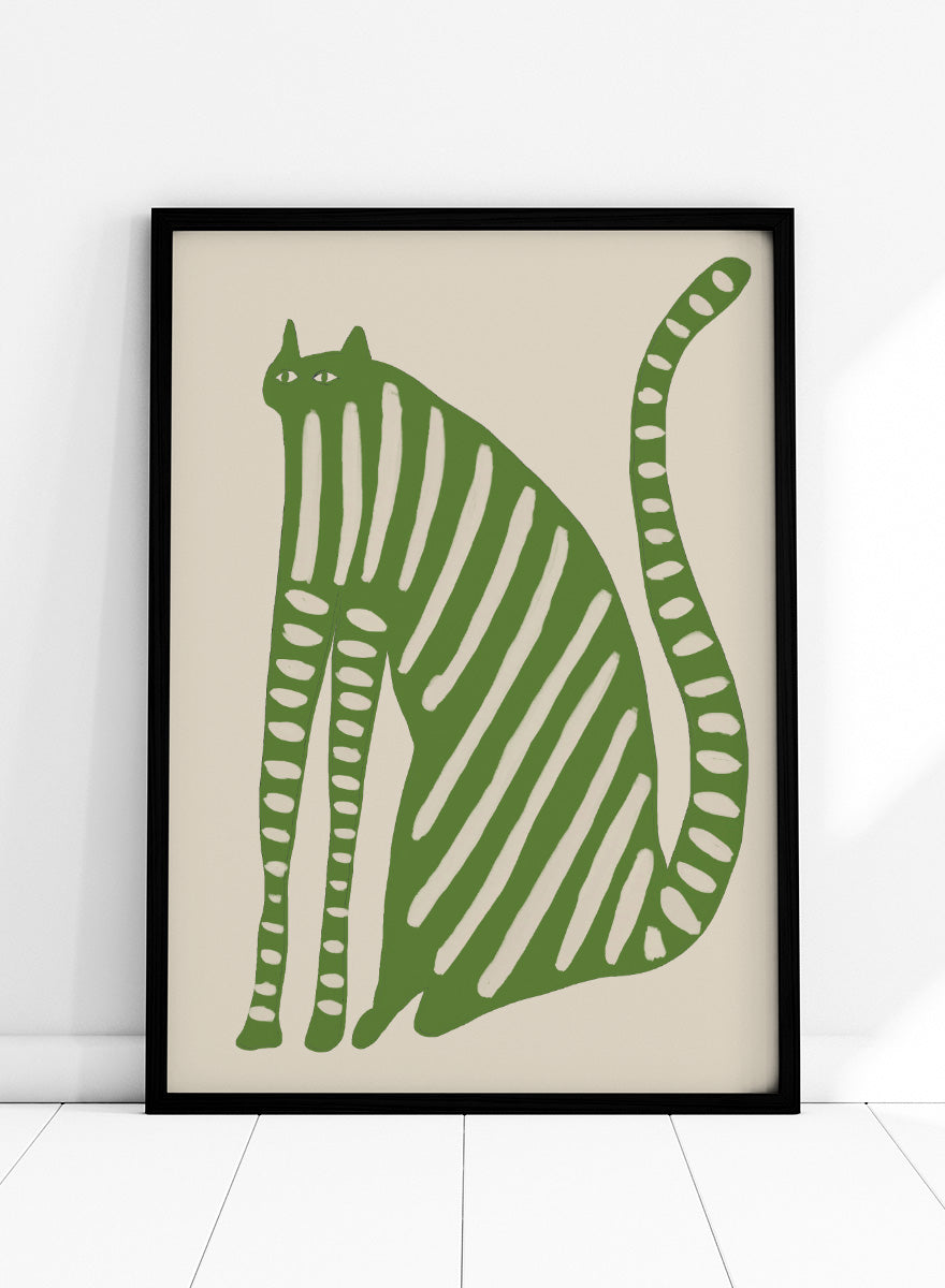 A stylized green cat illustration with vertical cream stripes and dotted details on a beige background. Playful Green Striped Cat by The Art Concept cat art print featuring an elongated green cat with cream stripes, long legs, and an oversized curved tail.