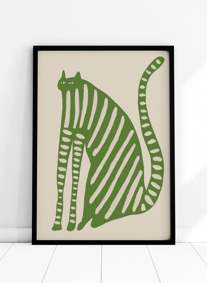 A stylized green cat illustration with vertical cream stripes and dotted details on a beige background. Playful Green Striped Cat by The Art Concept cat art print featuring an elongated green cat with cream stripes, long legs, and an oversized curved tail.