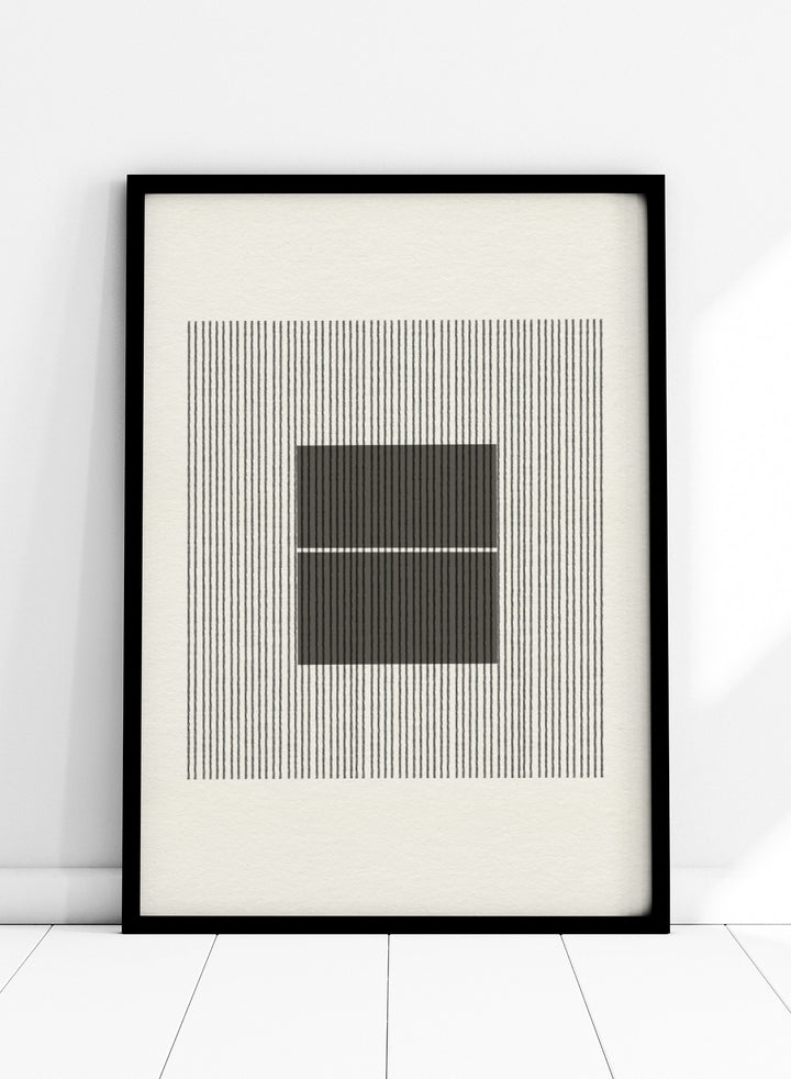 Black and white geometric design with lines and squares on a plain background. Line Harmony by The MIUUS Studio is a fine art print and wall poster featuring abstract linework, geometric balance, and minimalist black and white design.