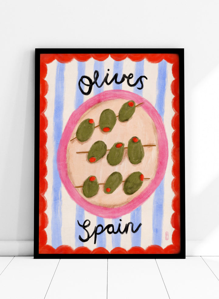 Spanish Olives Plate by Dirkie Nell is a colorful food art print featuring olives, Mediterranean inspired kitchen wall art, striped patterns, and playful modern illustration.
