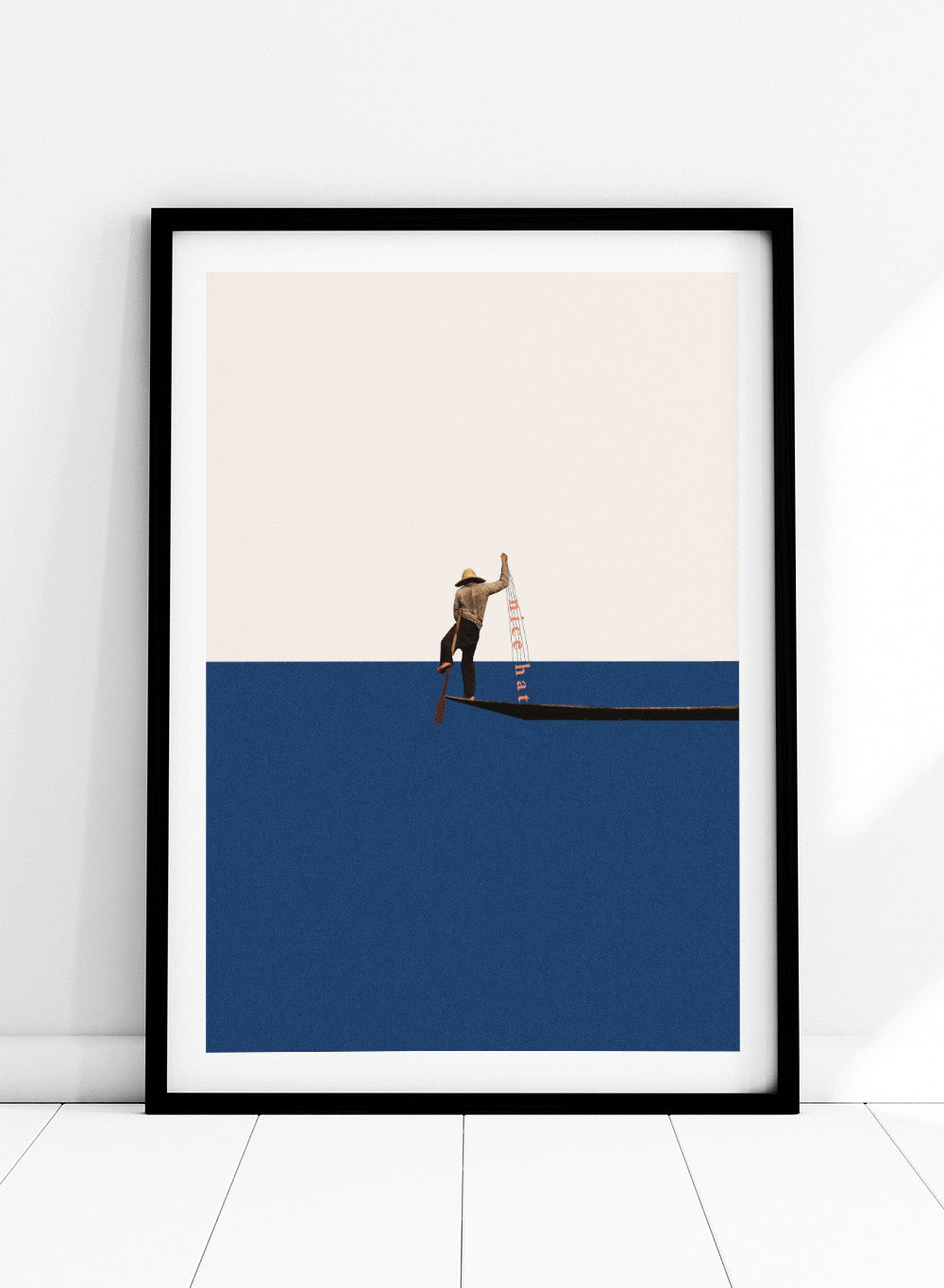 Fishing for Compliments by Maarten Léon is a minimalist collage art print featuring a fisherman at sea. Premium fine art print with real wood frame options.