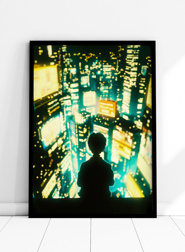 Silhouette of a person against a vibrant cityscape at night. Overlooking Tokyo by Taudalpoi neon cityscape art print with glowing skyscrapers and lone figure, cinematic cyberpunk inspired poster wall art.