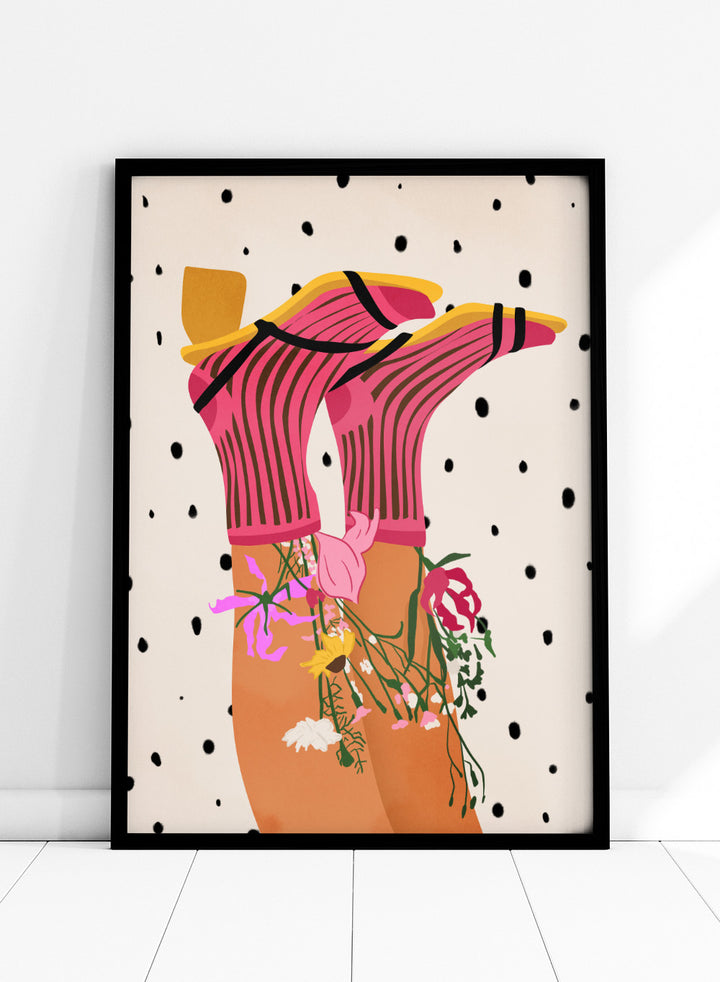 Illustration of a person wearing a pink top with floral accessories on a polka dot background. Floral Step Delight by Gauri Mokate is an officially licensed art print featuring a fashion-inspired illustration with florals, bold colors, and modern graphic style.