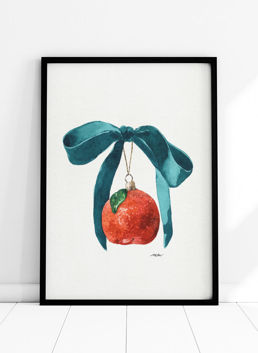 Shop Festive Tangerine Ornament by NKTN, a playful Christmas wall art print poster featuring a bright tangerine, oversized teal bow, and watercolor holiday style.