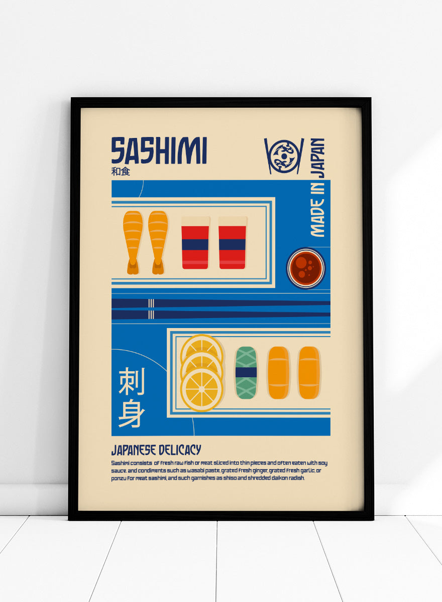 A stylized travel poster of Japanese Sashimi, featuring flat vector illustrations of raw fish, washi tape, soy sauce, and lemon slices on a beige background with blue and white graphic panels. Japanese Sashimi Delicacy by Retrodrome kitchen art print featuring sashimi, soy sauce, citrus, bold retro typography, and vintage Japanese-inspired design.