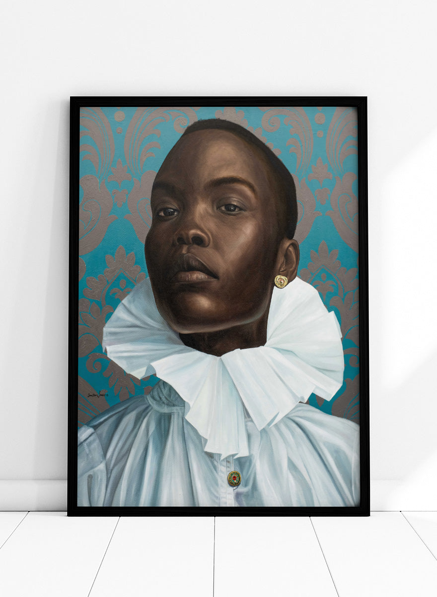 A portrait painting of a Black man with a shaved head, wearing a large white ruffled collar and light blue shirt, set against a teal and gold damask patterned background. Shop Regal Woman Ruff Collar by Damilare Jamiu, a contemporary portrait wall art print featuring a regal woman, dramatic white ruff collar, and rich teal tones.