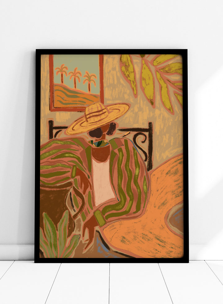 Artistic depiction of a person wearing a straw hat and patterned dress in a tropical setting. Lady in Stripe by Arty Guava art print featuring woman in straw hat and striped shirt with tropical palm landscape and warm contemporary illustration wall art poster.