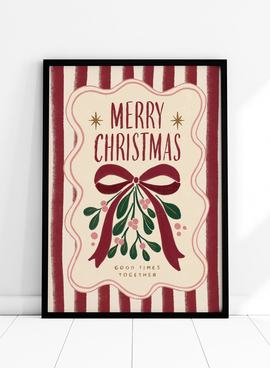 Shop Merry Christmas Mistletoe by Katarzyna Gąsiorowska, a Christmas wall art print poster featuring mistletoe, a red bow, festive stripes, and vintage holiday typography.