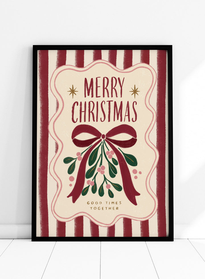 Shop Merry Christmas Mistletoe by Katarzyna Gąsiorowska, a Christmas wall art print poster featuring mistletoe, a red bow, festive stripes, and vintage holiday typography.