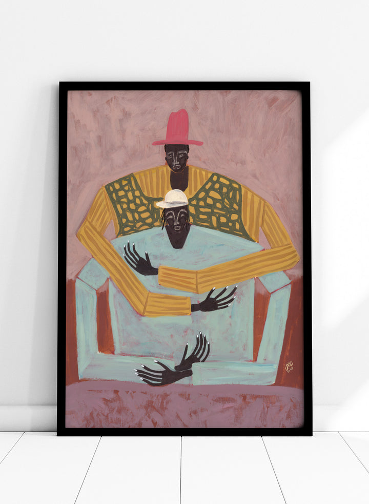 Artistic depiction of two figures sitting together with a pink background. The Hug by Studio IMO (Ibi Meier-Oruitemeka) is a modern figurative art print featuring two figures embracing in a bold contemporary wall poster design.