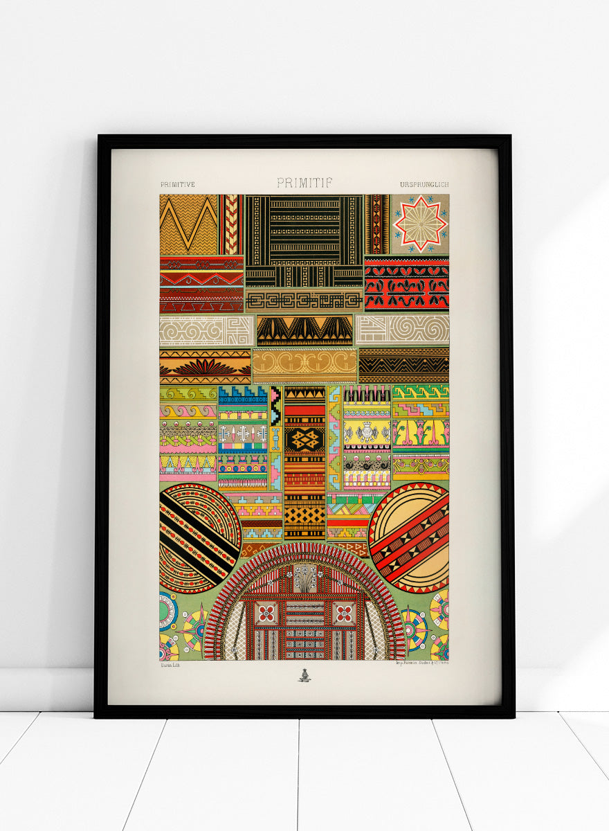 Primitive Pattern by Albert Racinet vintage art print featuring colorful geometric, floral and decorative motifs from the 1888 edition of L’Ornement Polychrome.