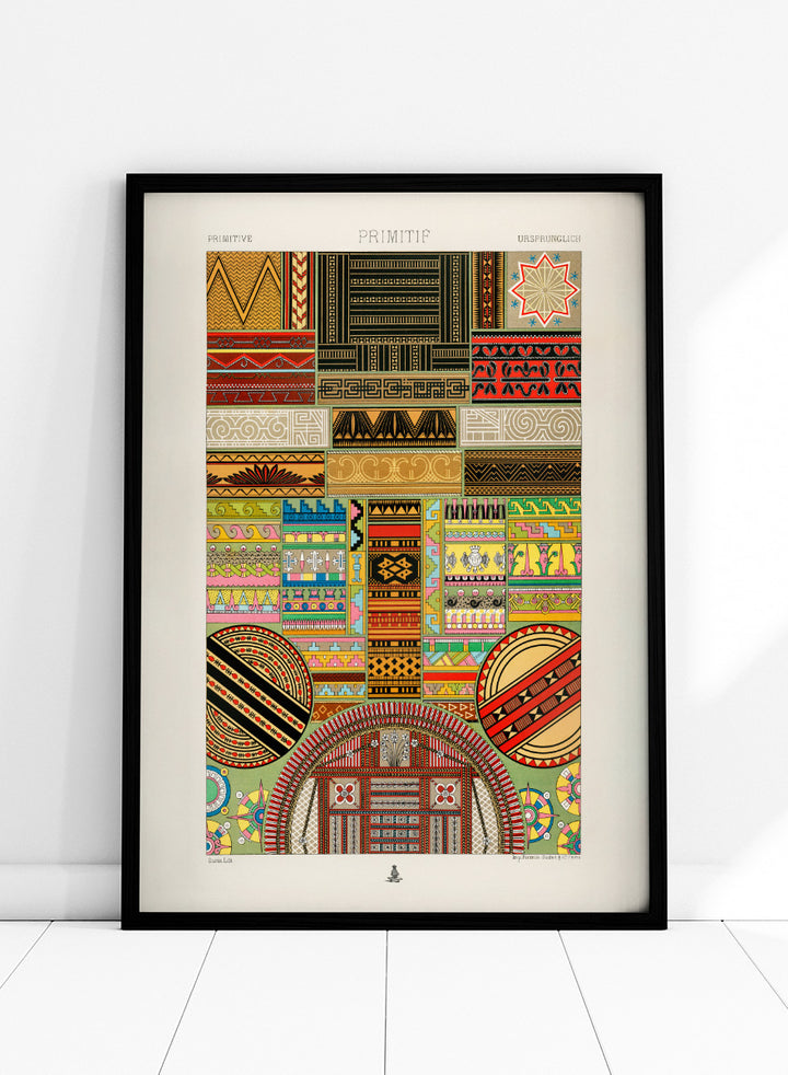 Primitive Pattern by Albert Racinet vintage art print featuring colorful geometric, floral and decorative motifs from the 1888 edition of L’Ornement Polychrome.