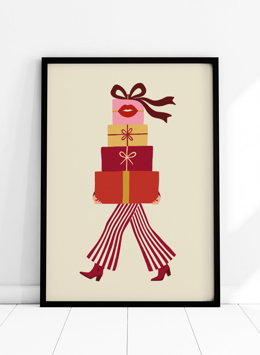 Shop Fashionable Gift Shopping by Dominique Vari, a festive fashion wall art print poster featuring stacked presents, striped trousers, red boots, and retro holiday colors.