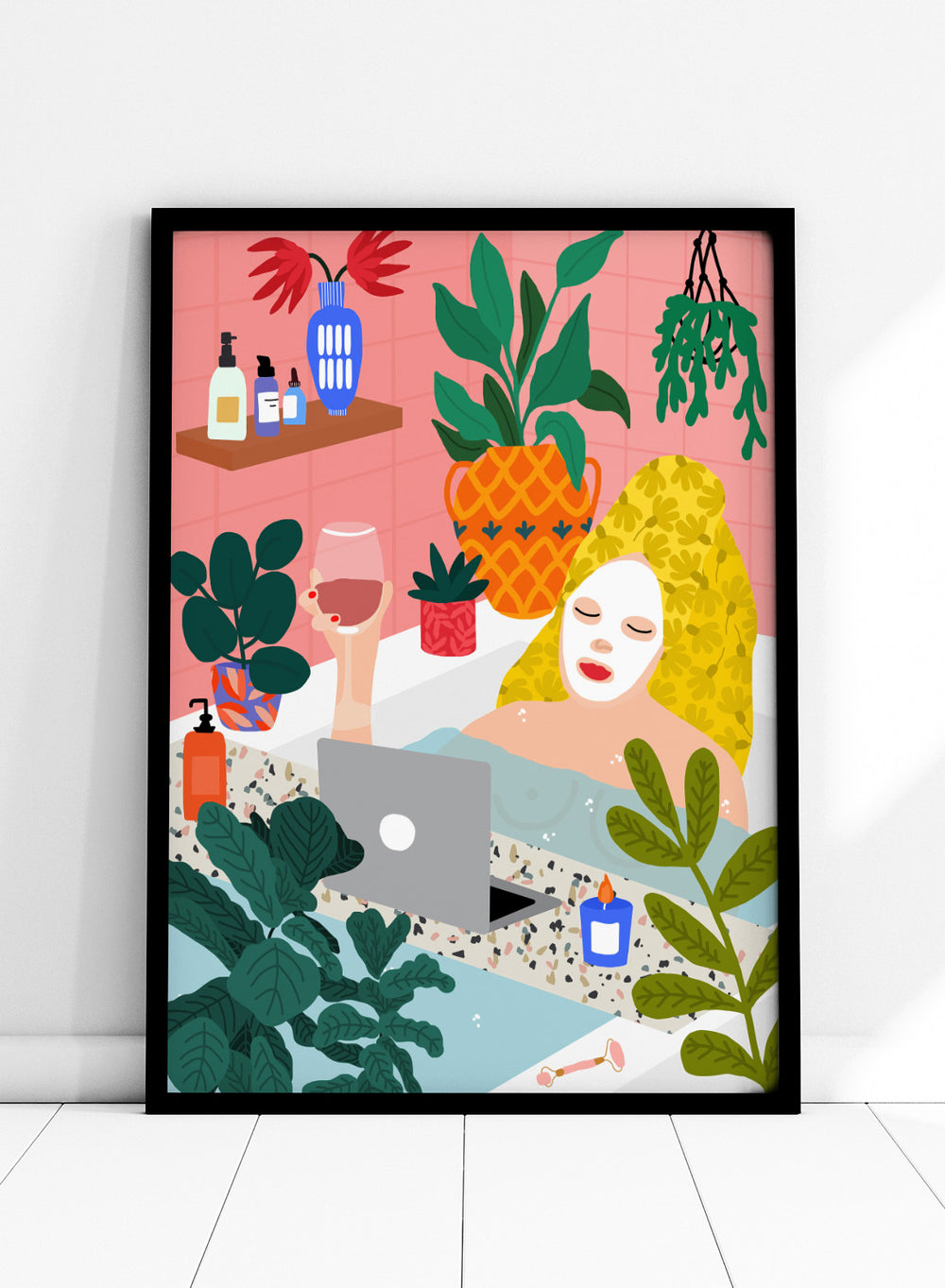 Illustration of a woman in a bath with plants and a laptop. Self Care Ritual by Rafaela Mascaro art print featuring woman in bathtub with wine, laptop, plants, and colorful modern bathroom illustration wall art poster.