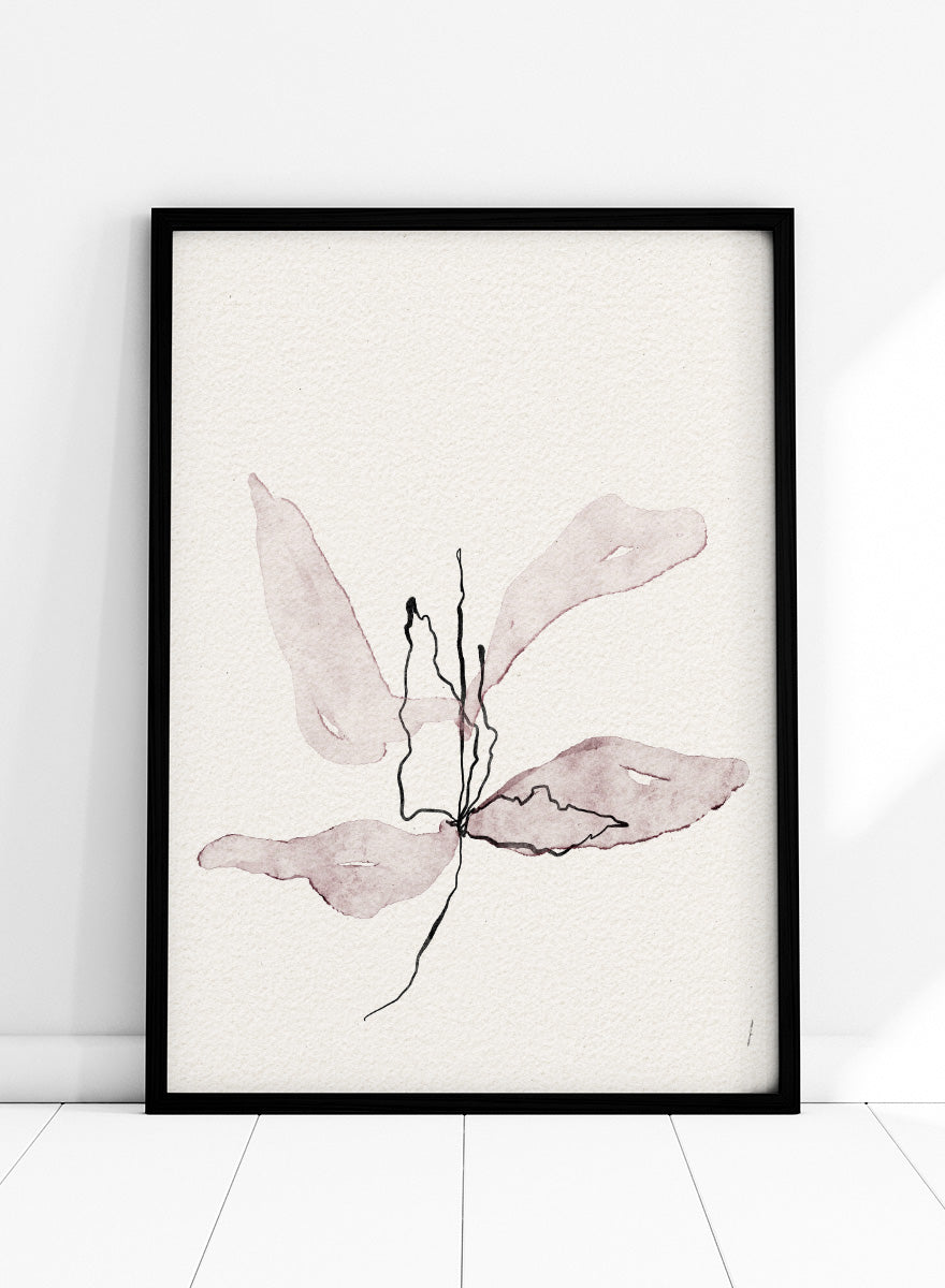 Abstract botanical art print featuring soft watercolor sepia and dusty rose leaf-like shapes with black sketch lines on textured off-white paper. Shop Delicate Botanical Bloom by Ankie Kooi, a modern floral wall art print poster with abstract flower art, minimalist linework, soft pink, cream, and black.