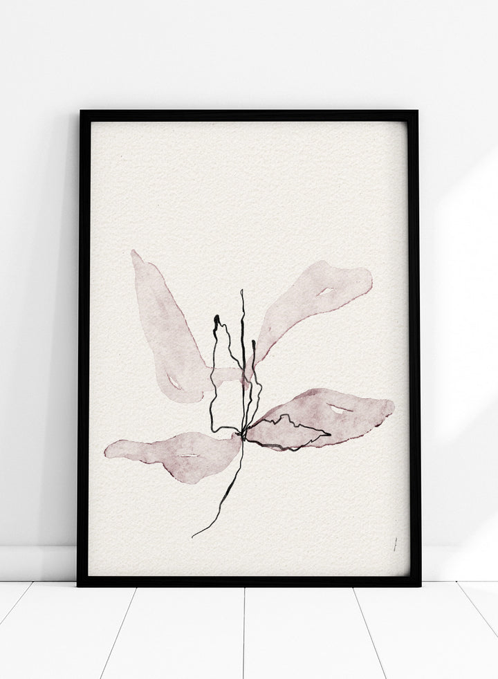 Abstract botanical art print featuring soft watercolor sepia and dusty rose leaf-like shapes with black sketch lines on textured off-white paper. Shop Delicate Botanical Bloom by Ankie Kooi, a modern floral wall art print poster with abstract flower art, minimalist linework, soft pink, cream, and black.