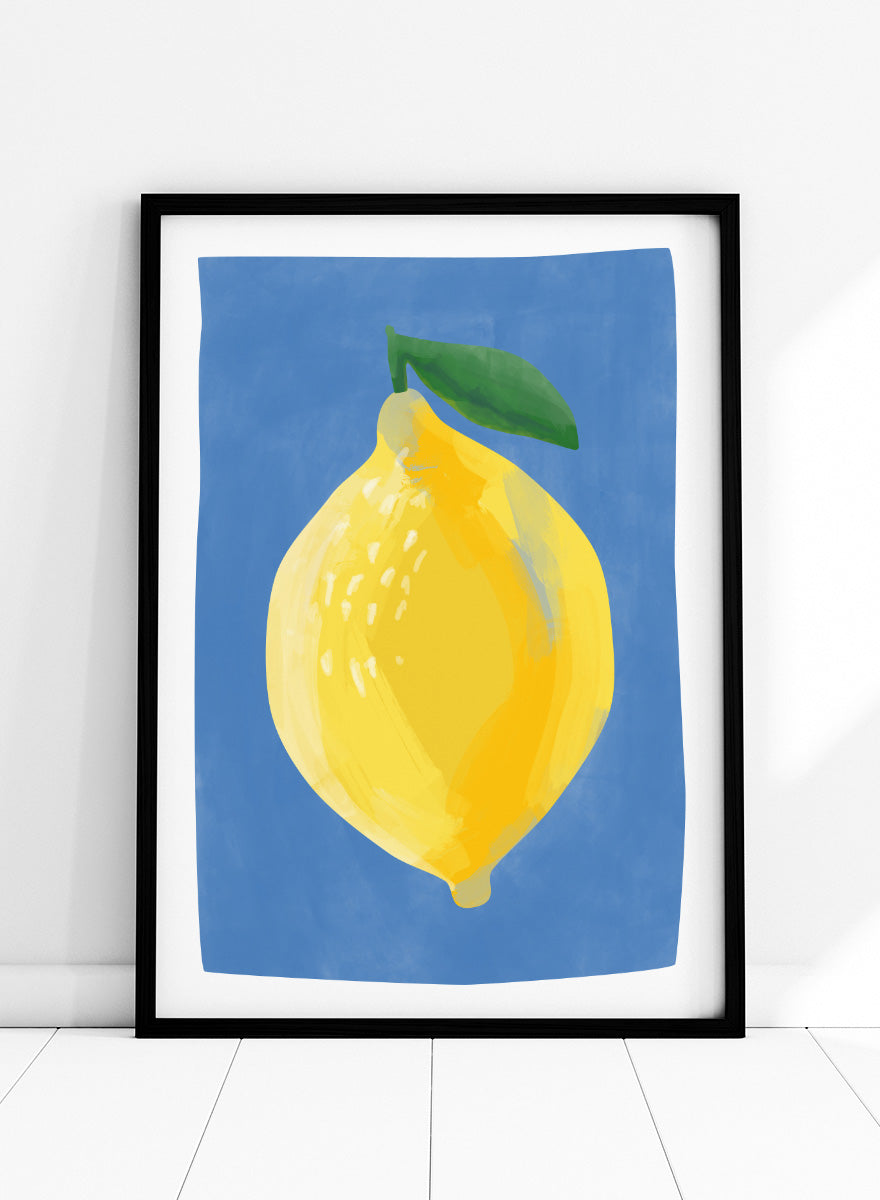 Shop Bright Yellow Lemon by Elena Ristova, a colorful lemon wall art print poster featuring an oversized yellow fruit, green leaf, and vivid blue background.