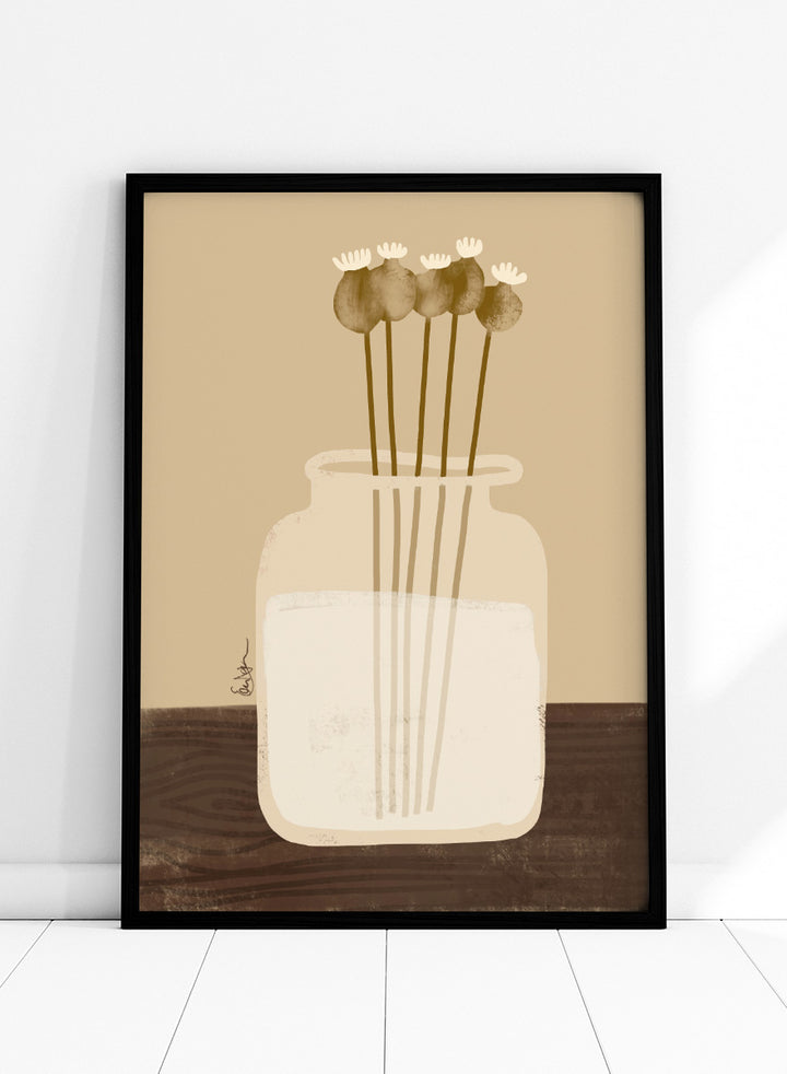 A minimalist art print depicting a clear glass jar filled with white flowers on a dark brown wooden surface against a warm beige background. Shop Rustic Poppy Still Life by Elsa Nätterdal, a botanical still life art print featuring dried poppy pods, a cream vase, and warm earthy tones.