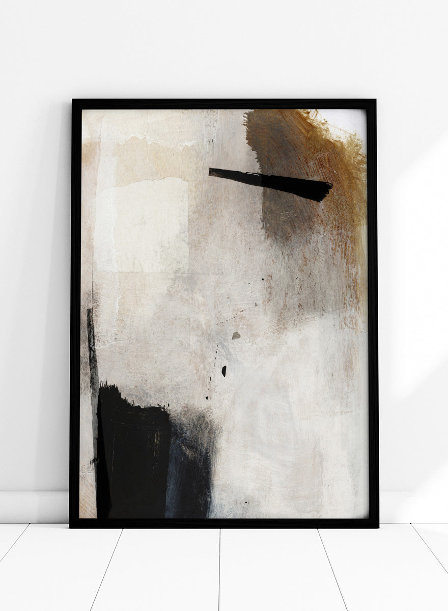 Abstract mixed-media painting with layered off-white, beige, brown, and black brushstrokes. Shop Whole Day by Dan Hobday, a neutral abstract art print with bold black forms, soft earthy tones, layered brushwork, and a modern minimalist feel.