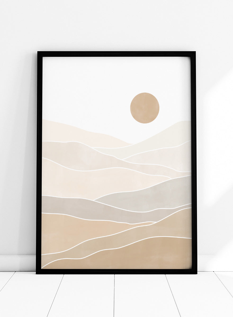 Shop Layered Desert Sun by Elena Ristova, a modern desert wall art print poster featuring soft layered dunes, pale neutral tones, and a muted sun.