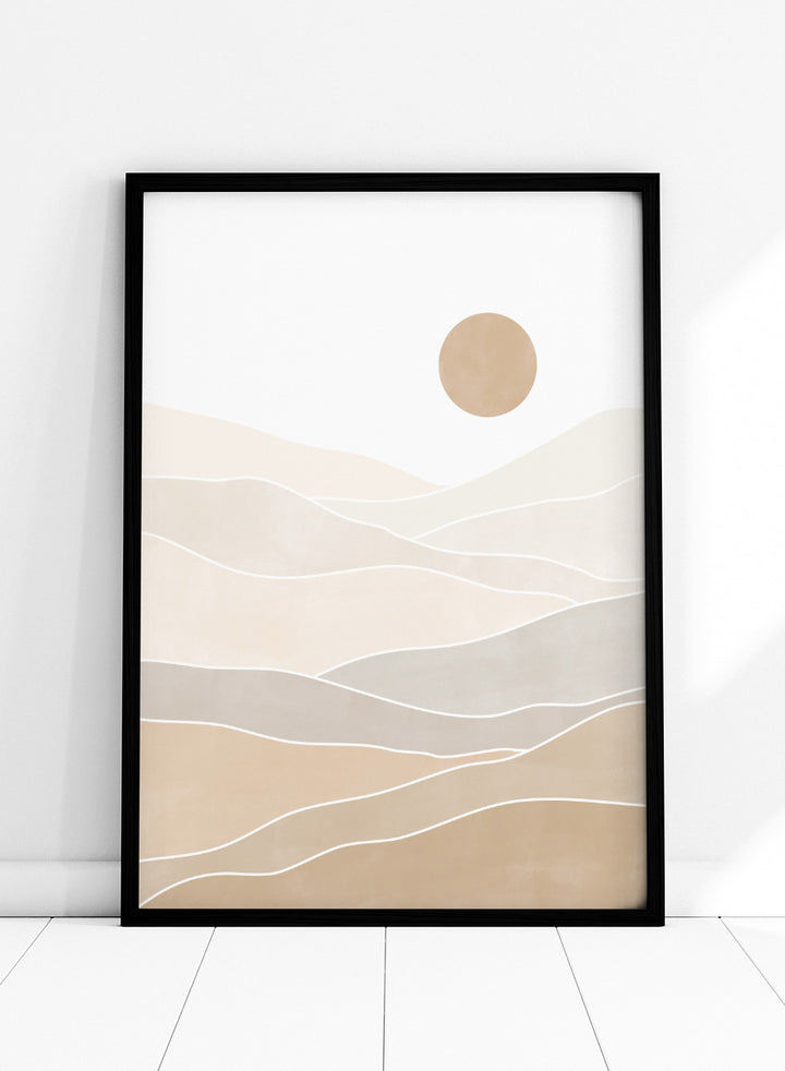 Shop Layered Desert Sun by Elena Ristova, a modern desert wall art print poster featuring soft layered dunes, pale neutral tones, and a muted sun.