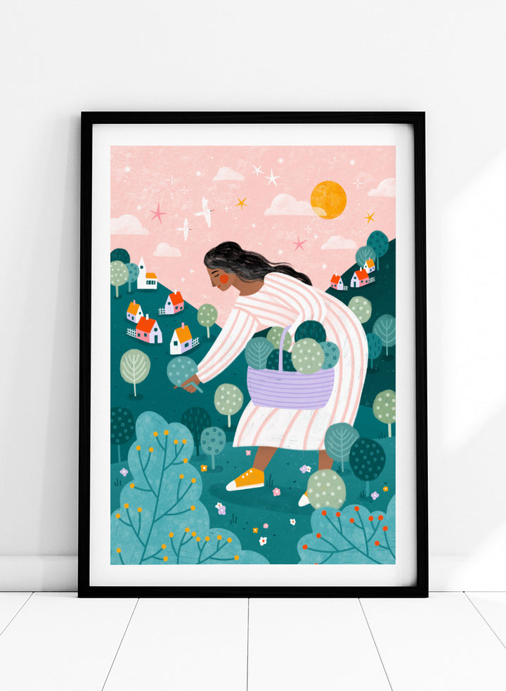 Shop Idyllic Village Gathering by Bea Müller, a figurative wall art print poster featuring a woman in a whimsical village landscape beneath a pink sky.