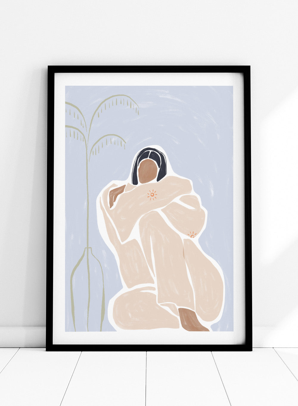 Cuddling Myself by Ivy Green is a modern female figure art print about self-care and comfort. Premium fine art print with optional wood framing.