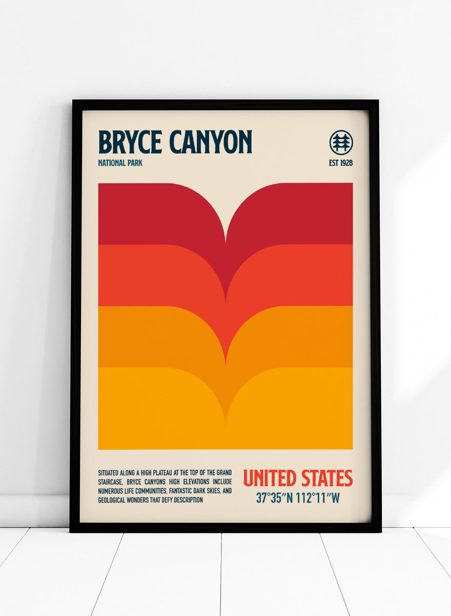 A retro-style poster for Bryce Canyon National Park with a cream background, a large abstract canyon landscape graphic in red, orange, and yellow, and text reading &
