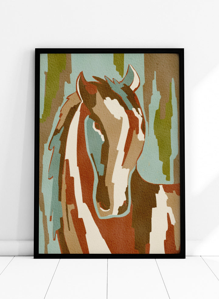 Shop Abstract Horse Portrait by Nikita Jariwala, a modern horse wall art print featuring a stylized equine portrait, bold shapes, and earthy rust, blue, and cream tones.
