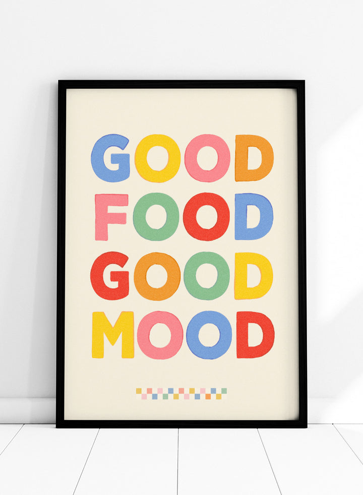 Shop Good Food Good Mood by Dominique Vari, a colorful kitchen wall art print poster featuring playful retro typography and a cheerful food-inspired message.
