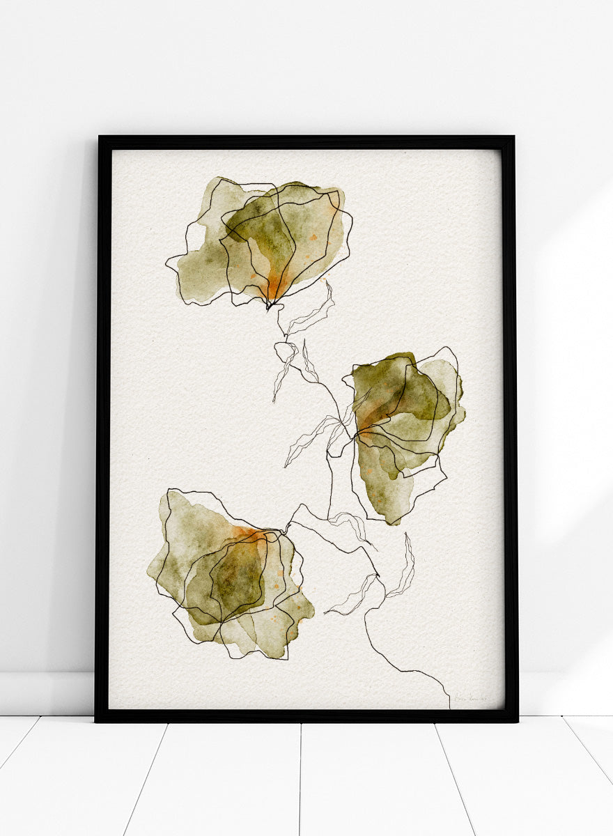 Abstract floral watercolor art print featuring three overlapping flower shapes in muted olive green, beige, and soft orange tones, outlined with fine black lines on a textured off-white background. Shop Green Watercolor Flowers by Ankie Kooi, an abstract floral wall art print poster with watercolor botanicals, minimalist line art, and green tones.