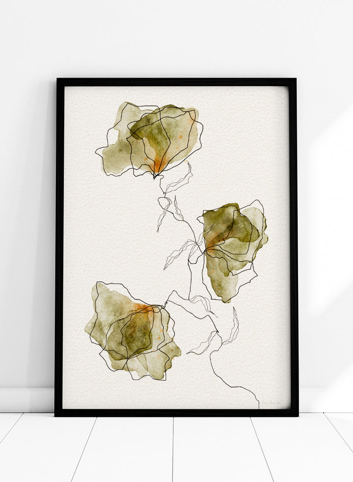 Abstract floral watercolor art print featuring three overlapping flower shapes in muted olive green, beige, and soft orange tones, outlined with fine black lines on a textured off-white background. Shop Green Watercolor Flowers by Ankie Kooi, an abstract floral wall art print poster with watercolor botanicals, minimalist line art, and green tones.